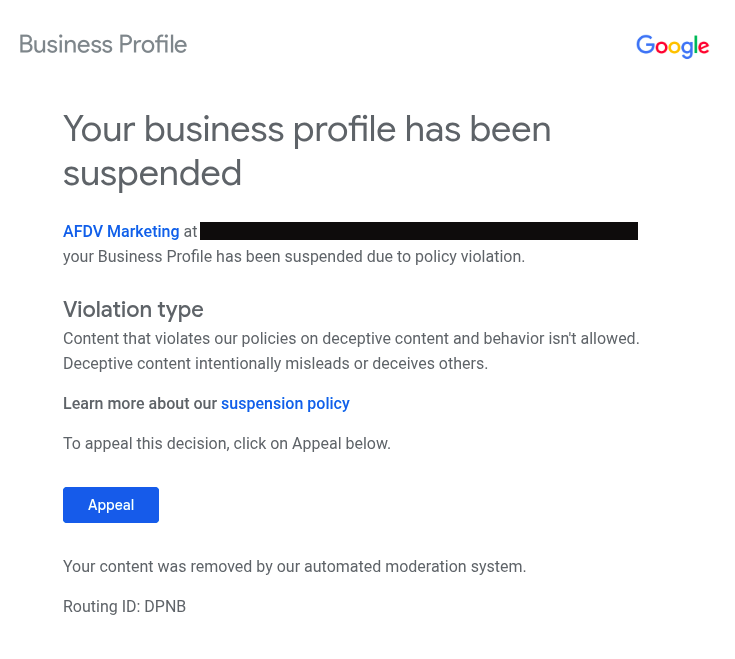Screenshot of an email showing a Google Business Profile suspension notice