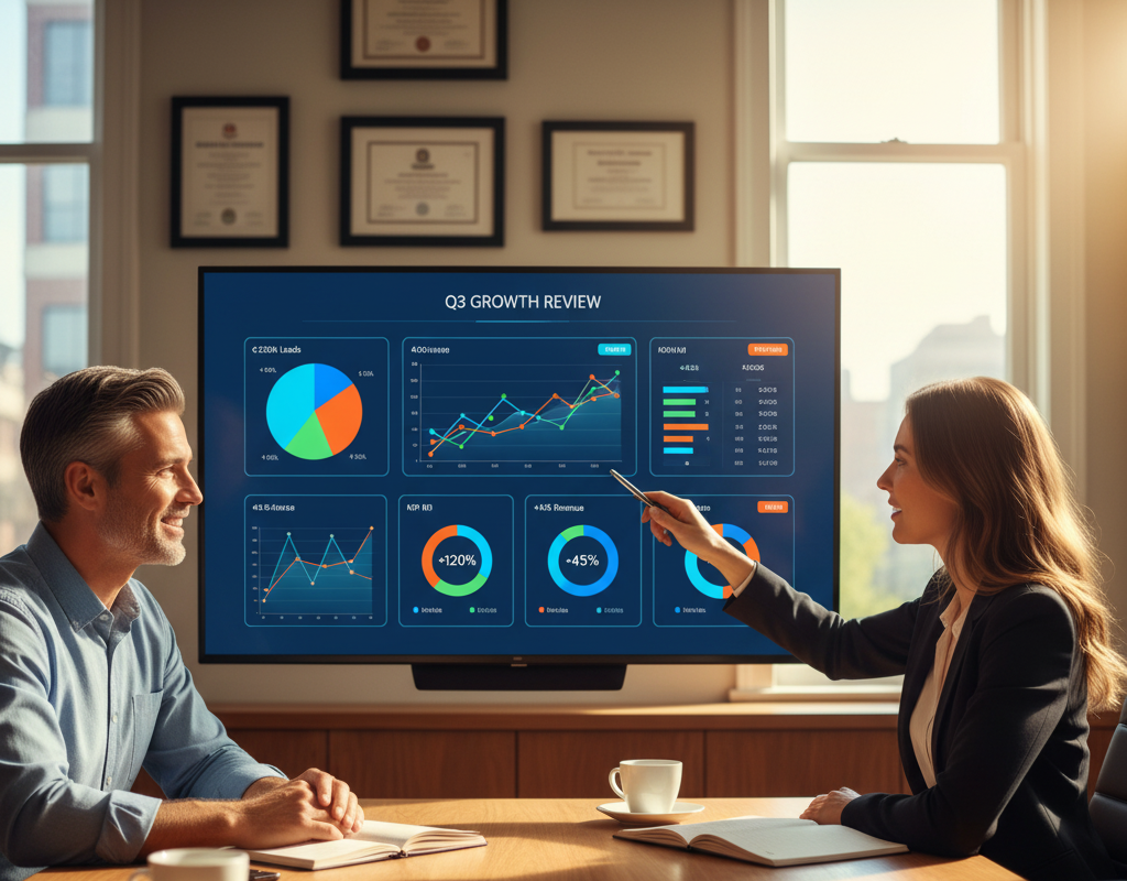 AI Generated image of AFDV presenting a progress report to an existing client