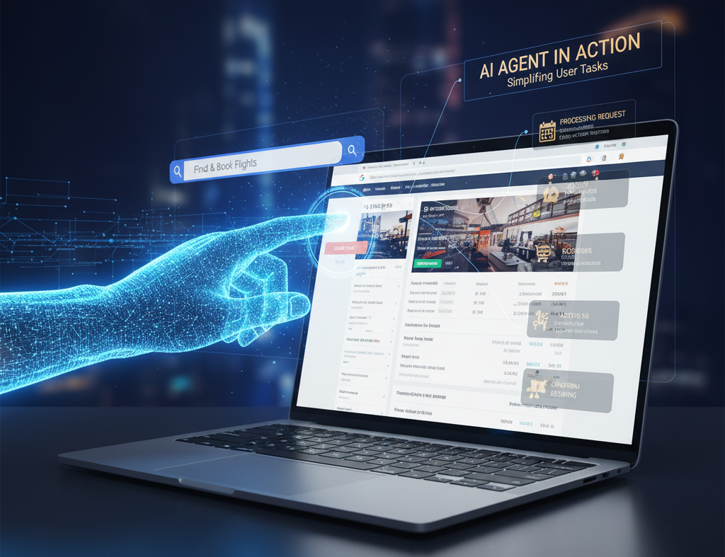 The image showing the digital hand interacting with a laptop booking page